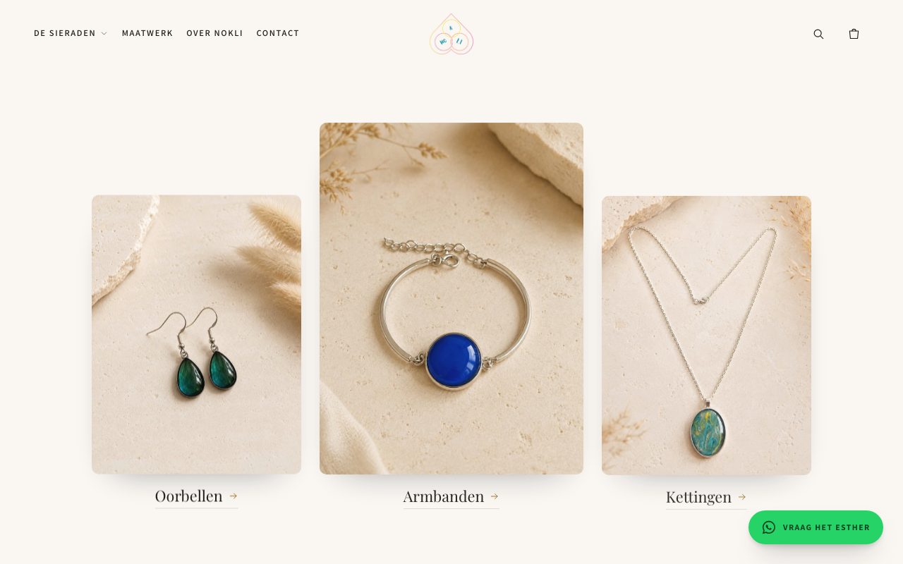 Website van Nokli, een webshop voor handgemaakte sieraden